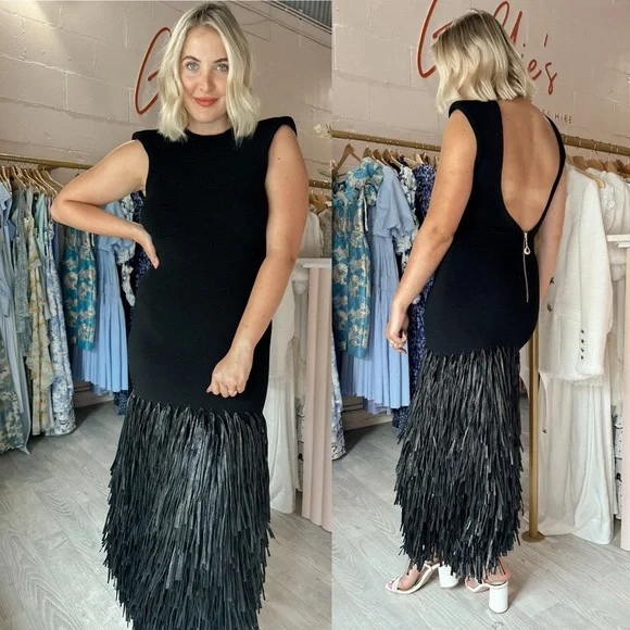 Aje Rushes Raffia Trimmed Ribbed Stretch Knit Dress Black - Picture 11 of 11